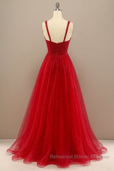 Shiny Sweetheart Neck Red Tulle Beaded Long Semi Formal Prom Dresses, Open Back Red Tulle Formal Graduation Evening Dresses